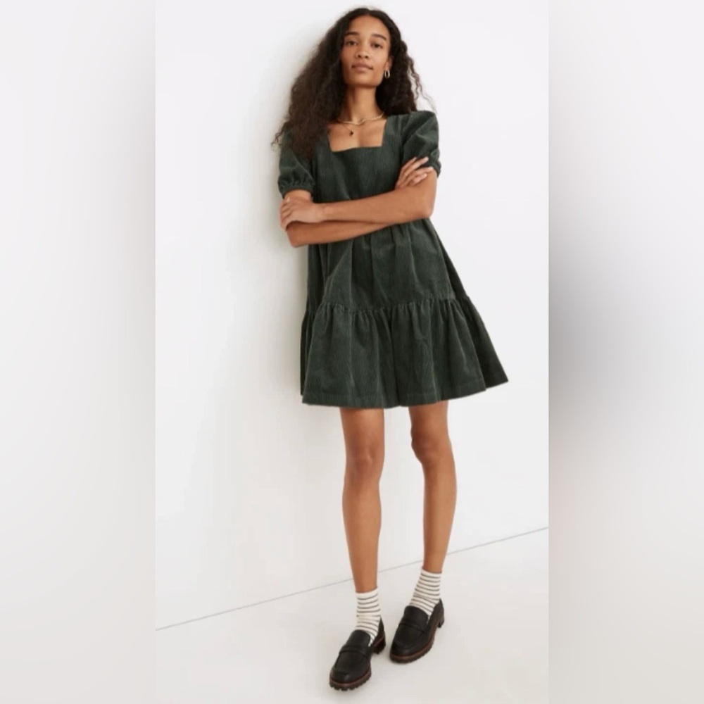 Madewell Aidy Corduroy Square neck Tiered Forest Green Mini Dress